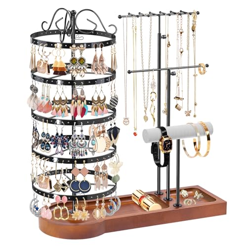 KALYLOC Jewelry Earring Holder Organizer Adjustable 5 Tiers Rotating Earring Holder 3 Tier Necklace Holder with Wooden Base MultiFunctional Jewelry Organizer Display Stand for Studs Bracelet Women - Image 1