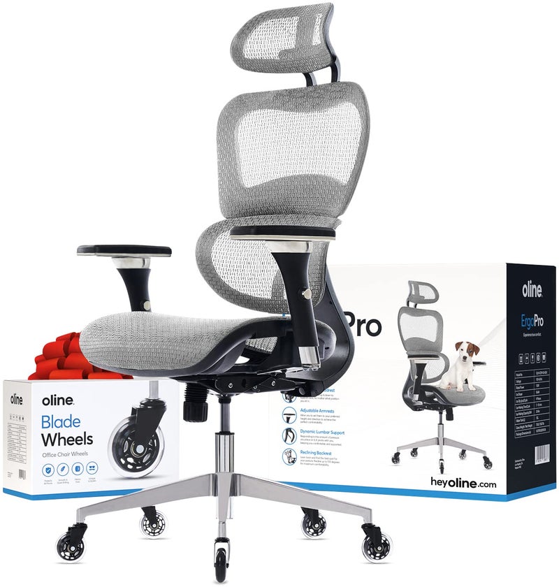 Oline ErgoPro Ergonomic Office Chair  Rolling Desk Chair with 4D Adjustable Armrest 3D Lumbar Support and Blade Wheels  Mesh Computer Chair Gaming Chairs Executive Swivel Chair Light Gray