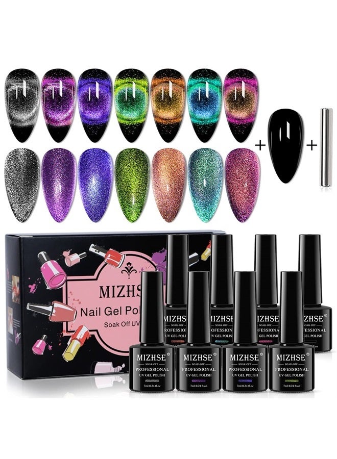 MIZHSE طقم طلاء أظافر جل 2 في 1 9D بعيون قطة، مجموعة طلاء جل مغناطيسي مطورة مع مغناطيس، تأثير مجرة ساطع ساحر، هدية فن أظافر للنساء - Image 1
