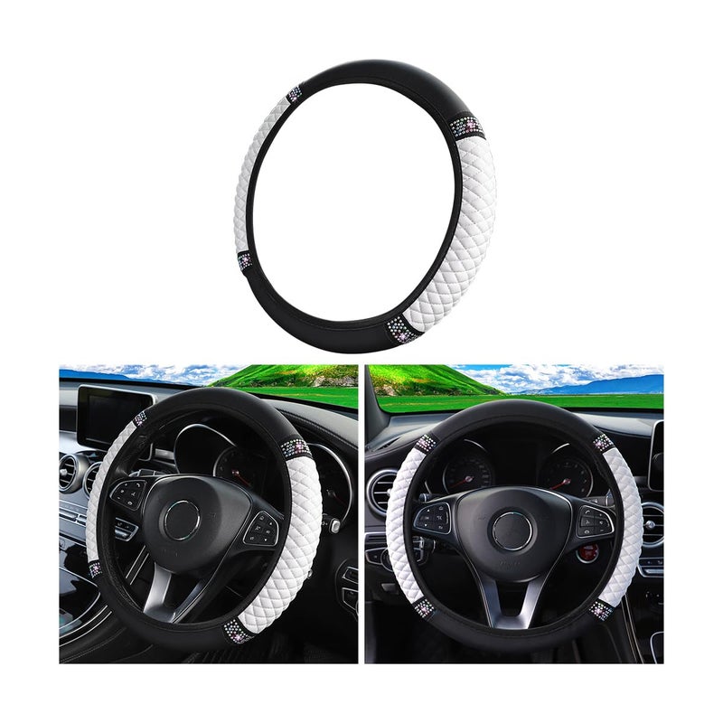 Bling Soft Leather Steering Wheel Cover, 15 Inch Colorful Rhinestones Auto Elastic Steering Wheel Protector, Sparkly Crystal Diamond for Women Girls, Car Interior Accessories (White)