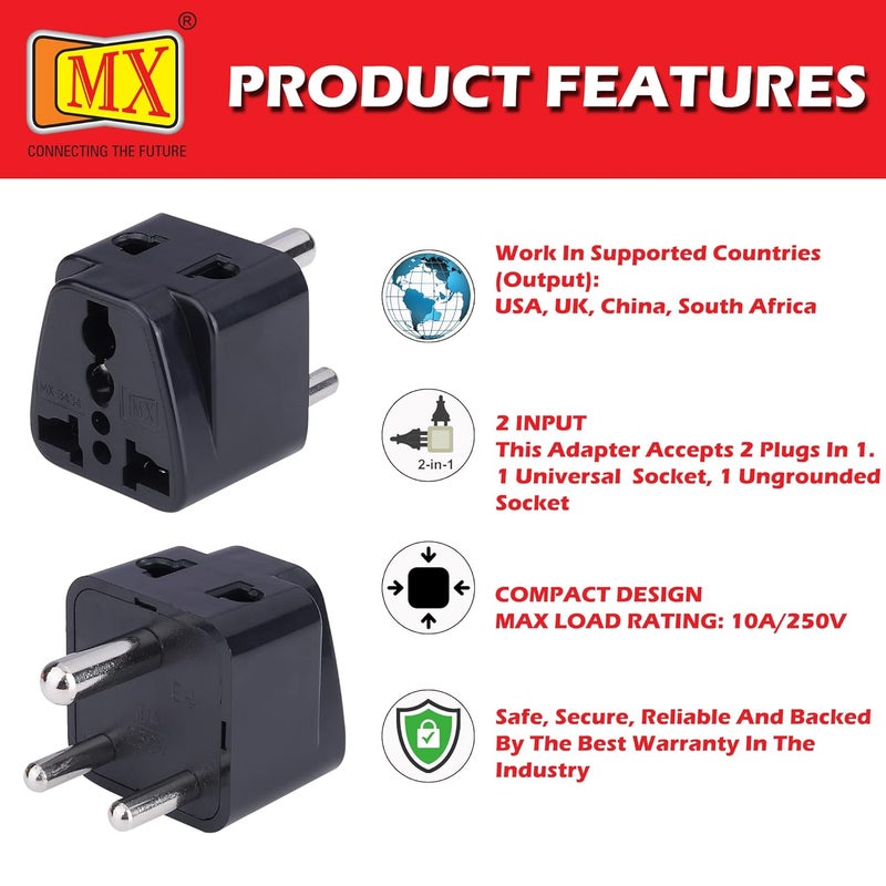 MX Universal Travel Adapter Type D World USA UK China More to India 2 in 1 Conversion Plug for Home and Official use Black Pack of 5 - Image 5
