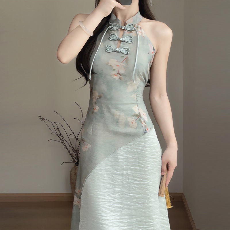 2024 New Arrival Chinese-Style Modified Wendy Printed Sleeveless Cheongsam Two-Piece Dress Super Fairy Cardigan Fashion Set Emerald-Hanging Skirt
