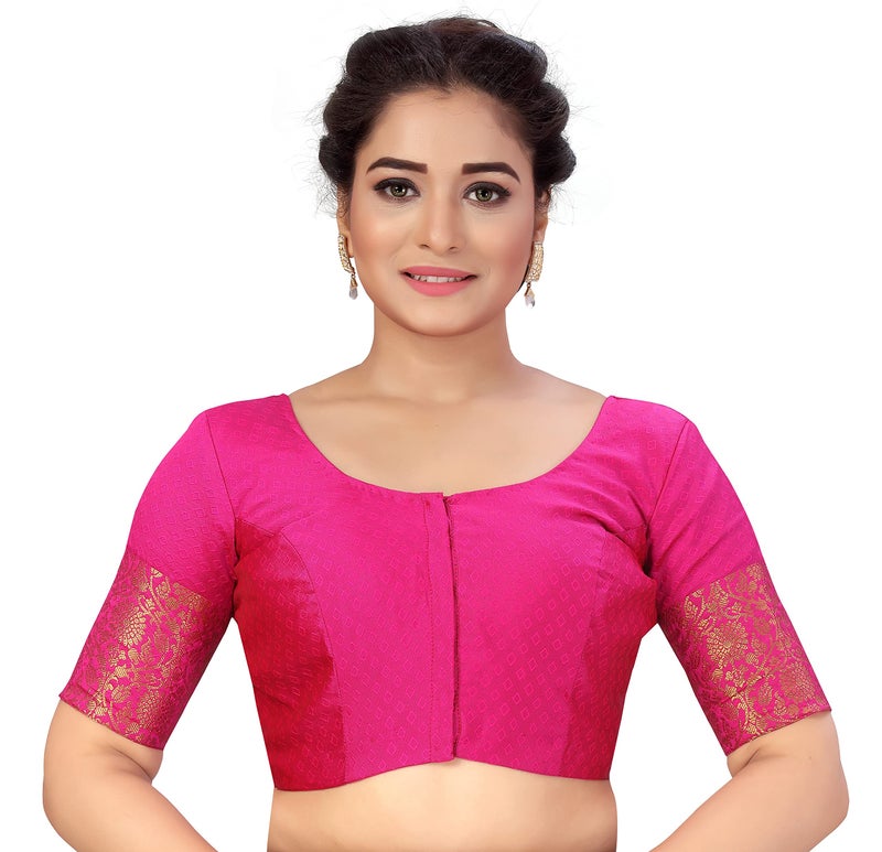 Studio Shringaar Women's Readymade Brocade Saree Blouse with Kanjivaram Border Elbow Length Sleeves(Pink, 46) - Image 1