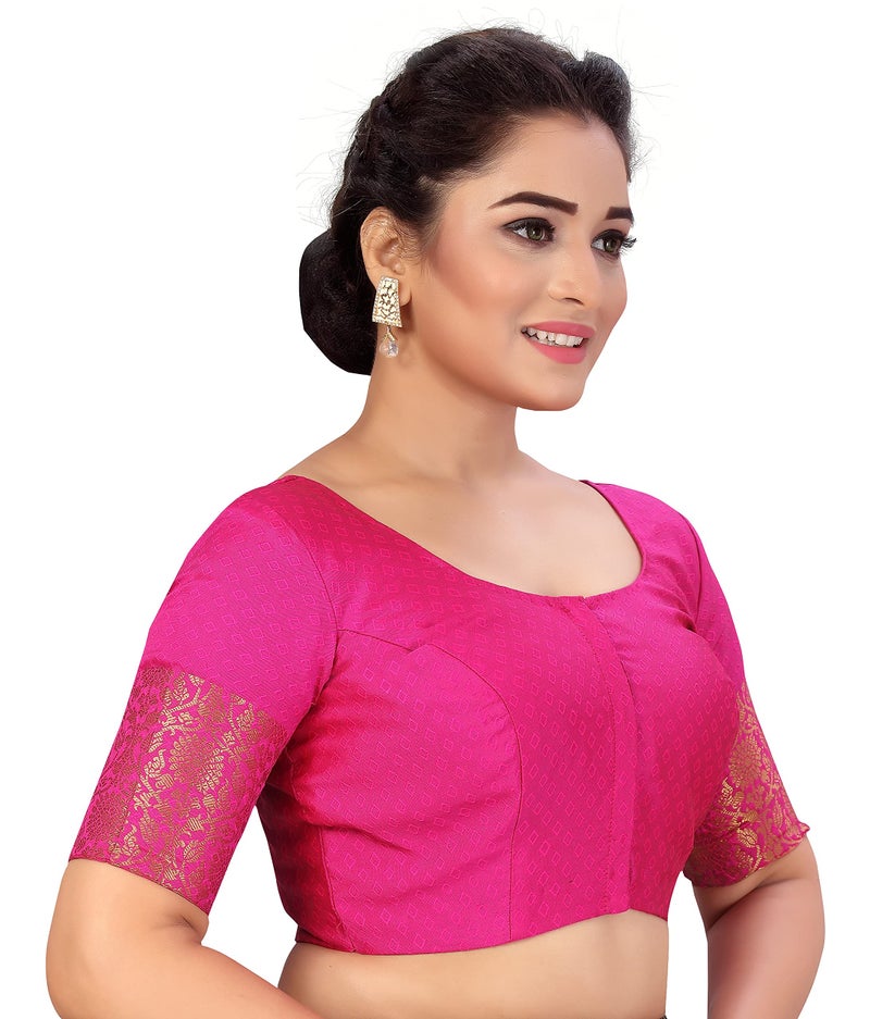 Studio Shringaar Women's Readymade Brocade Saree Blouse with Kanjivaram Border Elbow Length Sleeves(Pink, 46) - Image 2
