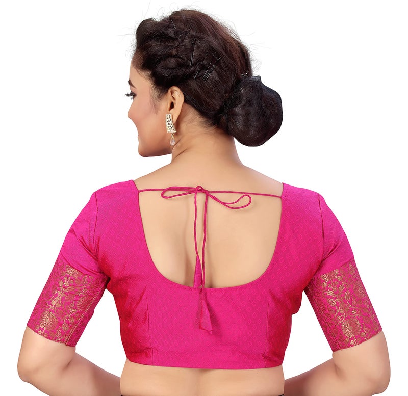 Studio Shringaar Women's Readymade Brocade Saree Blouse with Kanjivaram Border Elbow Length Sleeves(Pink, 46) - Image 3