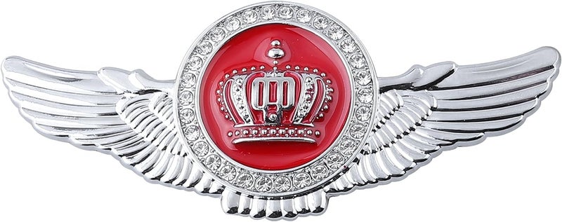 OAN Winged King Crown Emblem Sticker for All Cars, Bikes, Metal (Silver with Red) Size: 11cm x 4.5cm x 2mm - Image 1