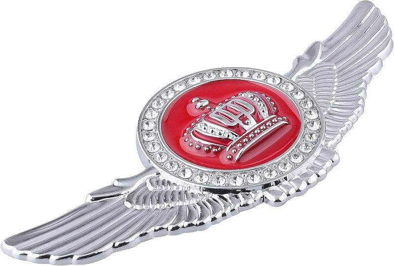 OAN Winged King Crown Emblem Sticker for All Cars, Bikes, Metal (Silver with Red) Size: 11cm x 4.5cm x 2mm - Image 2