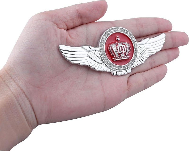 OAN Winged King Crown Emblem Sticker for All Cars, Bikes, Metal (Silver with Red) Size: 11cm x 4.5cm x 2mm - Image 3