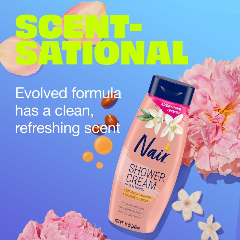 Nair كريم الاستحمام لإزالة الشعر من نير بزيت الأرجان المغربي وزهر البرتقال، كريم إزالة شعر الجسم للنساء، 12 أونصة - Image 4