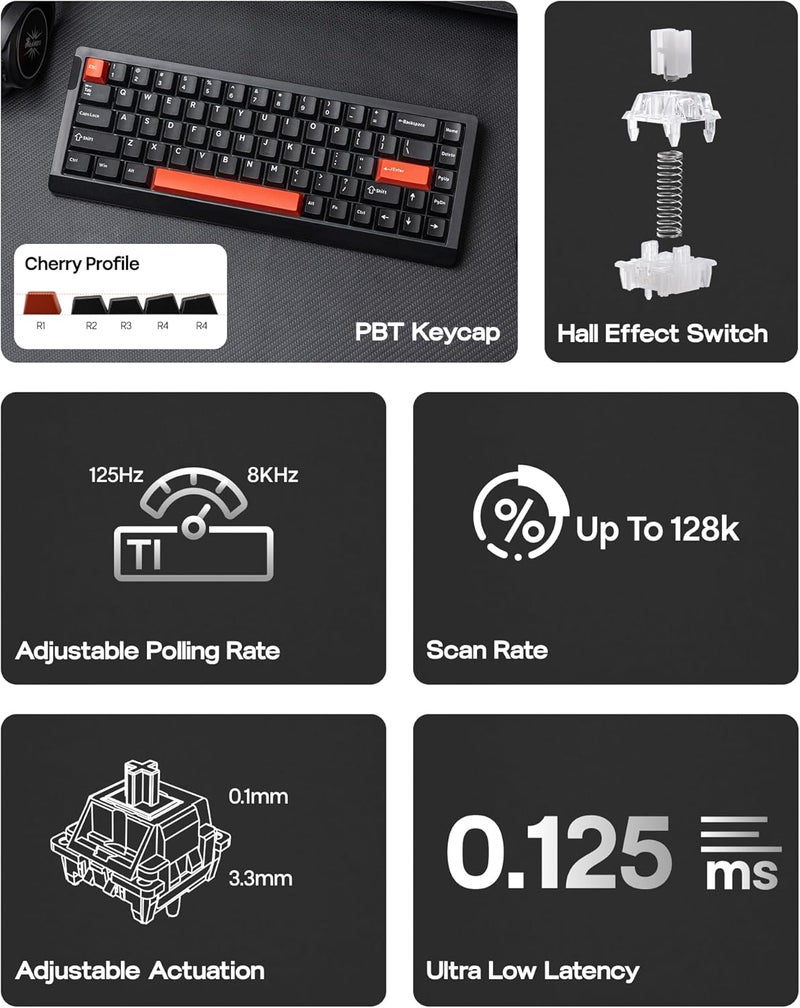 EPOMAKER HE68 Lite Hall Effect Gaming Keyboard, 8k Polling & 128K Scan Rate, 0.005mm Adjustable Trigger, 0.125ms Latency, 5-Layer Sound-Dampened, Snap Key, SOCD, A-RGB, Wired, Mac Software (Black Red) - Image 2