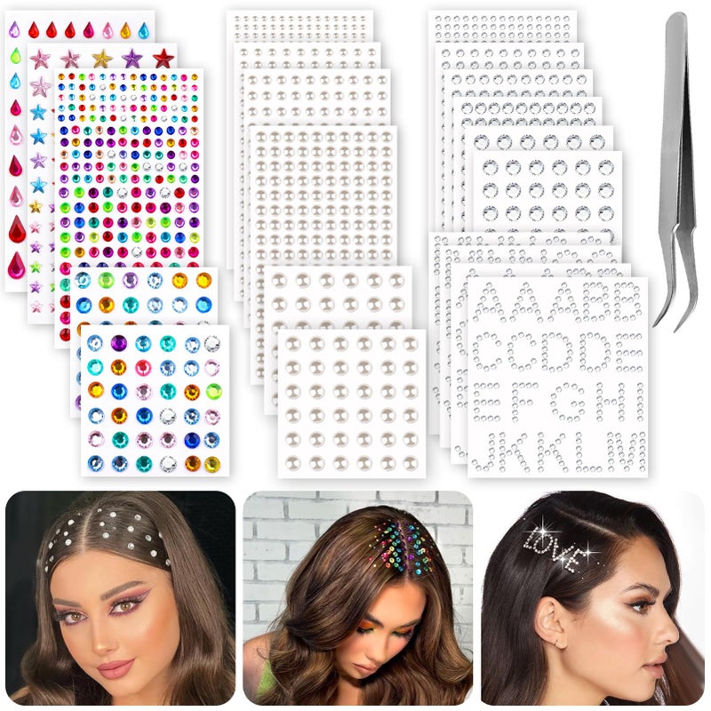 XANGNIER 2609 Pieces Hair Gems,Hair Jewels Diamonds and Letters Rhinestones with Tweezers,Hair Pearls Stick on,Self Adhesive Bling Rhinestone Stickers for Crafts,Face,Eye,Nail,Clothing,6 Shapes, 3-8mm - Image 1