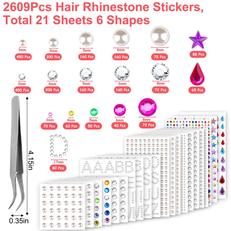 XANGNIER 2609 Pieces Hair Gems,Hair Jewels Diamonds and Letters Rhinestones with Tweezers,Hair Pearls Stick on,Self Adhesive Bling Rhinestone Stickers for Crafts,Face,Eye,Nail,Clothing,6 Shapes, 3-8mm - Image 3