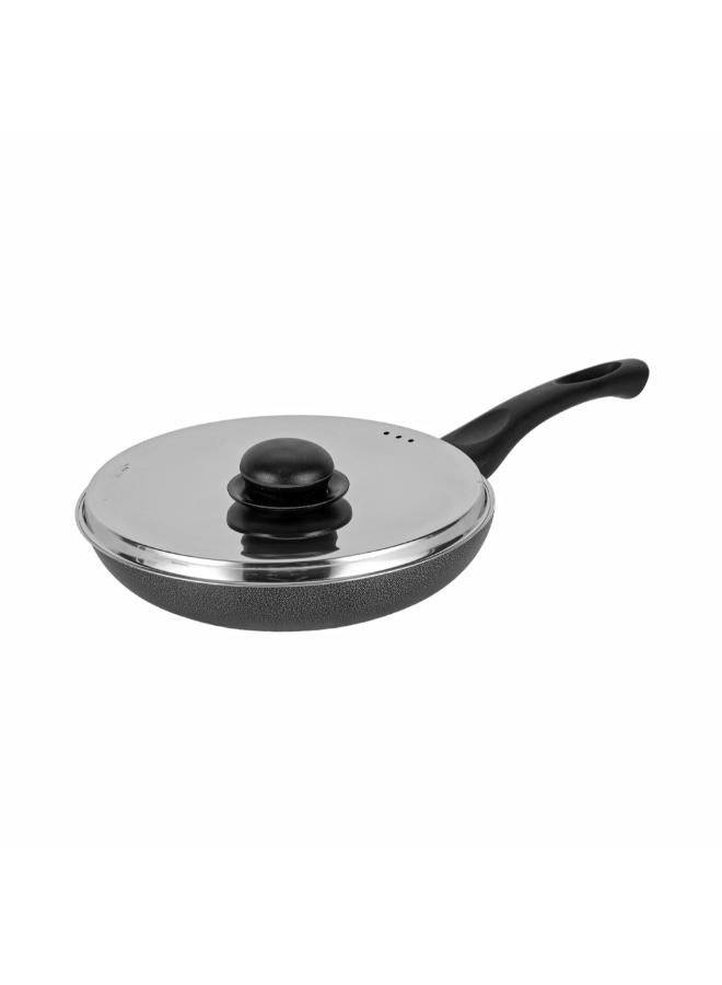 Royalford 20 cm Aluminum Nonstick Frypan with Stainless Steel Lid / Strong Body with 3 Layer Coating and Heat Resistant Bakelite Handle / Not Compatible with Induction Stovetops / Perfect for Frying, Sauting, Tempering / Black Assorted - Image 1