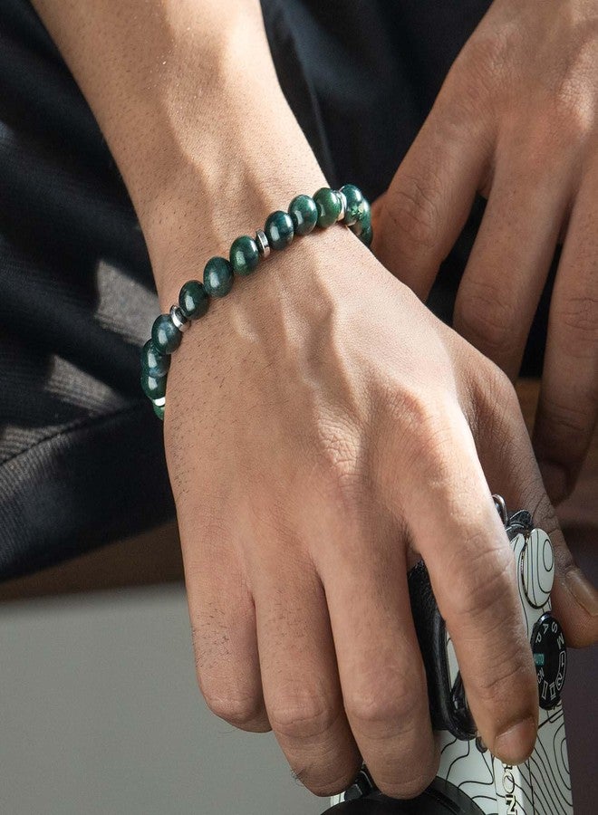 Mesmerize Moss Agate Elastic Natural Stone Bracelet for Men & Women | Healing Crystal Beads for Growth, Balance & Emotional Stability (L) - Image 2