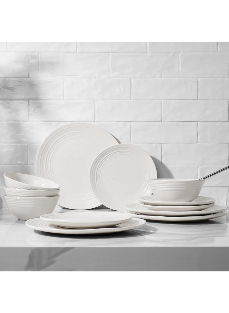 Famiware Twilight 12 Piece Handmade Reactive Glaze Dinnerware Set, Set for 4, Speckled Design, Scratch Resistant, Microwave & Dishwasher Safe, White  - Image 4