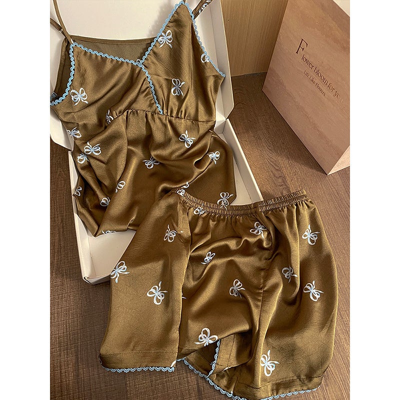 Women's Bow Print French Style Camisole Sleepwear Set - Image 4