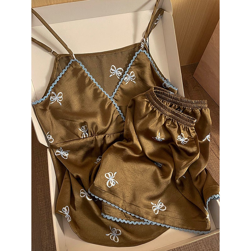 Women's Bow Print French Style Camisole Sleepwear Set - Image 3