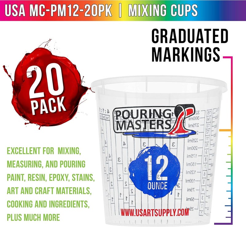 Pouring Masters 12 Ounce (350ml) Graduated Plastic Mixing Cups (Box of 20) - Paint Mixing Cups for Epoxy Resin, Art, Kitchen, Baking - Measurements in OZ and ML, 4 Different Measuring Ratios 1:1 - Image 2