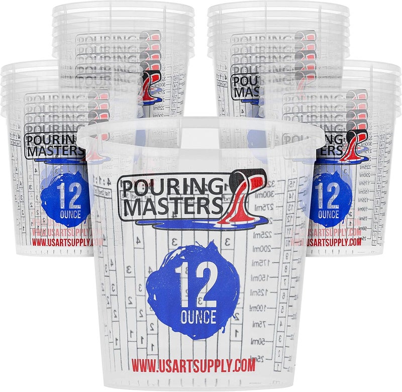 Pouring Masters 12 Ounce (350ml) Graduated Plastic Mixing Cups (Box of 20) - Paint Mixing Cups for Epoxy Resin, Art, Kitchen, Baking - Measurements in OZ and ML, 4 Different Measuring Ratios 1:1 - Image 1