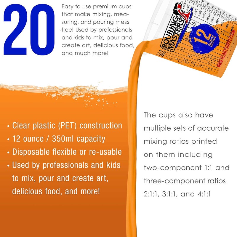 Pouring Masters 12 Ounce (350ml) Graduated Plastic Mixing Cups (Box of 20) - Paint Mixing Cups for Epoxy Resin, Art, Kitchen, Baking - Measurements in OZ and ML, 4 Different Measuring Ratios 1:1 - Image 4