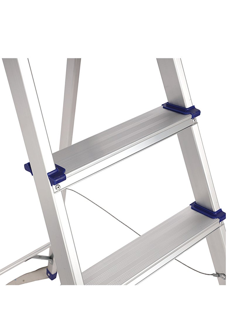 إبسلون سلم ألومنيوم - EPSAL1492/ سعة 150 كجم، 5 خطوات، منصة واسعة ومسطحة، أقدام مضادة للانزلاق مع درابزين أمان، مؤكسد طبيعي/سهل التخزين، مثالي للمنزل والشقق/فضي - Image 3