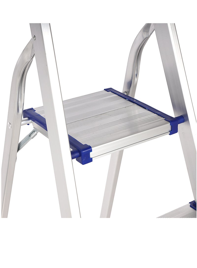إبسلون سلم ألومنيوم - EPSAL1492/ سعة 150 كجم، 5 خطوات، منصة واسعة ومسطحة، أقدام مضادة للانزلاق مع درابزين أمان، مؤكسد طبيعي/سهل التخزين، مثالي للمنزل والشقق/فضي - Image 4