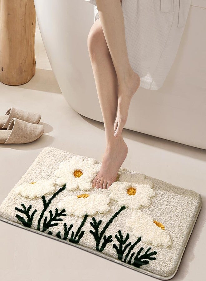 gdmgdr Fluffy Absorbent Flower Bathroom Rug Washable, 32" x 20" Bath Mat for Bathroom Non Slip, Soft Tufted Rug Flower Bath Mat Home Decor, White Flowers - Image 2