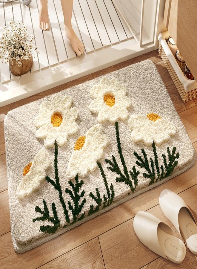 gdmgdr Fluffy Absorbent Flower Bathroom Rug Washable, 32" x 20" Bath Mat for Bathroom Non Slip, Soft Tufted Rug Flower Bath Mat Home Decor, White Flowers - Image 1