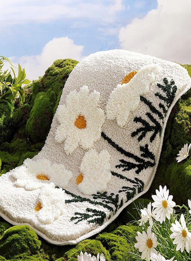 gdmgdr Fluffy Absorbent Flower Bathroom Rug Washable, 32" x 20" Bath Mat for Bathroom Non Slip, Soft Tufted Rug Flower Bath Mat Home Decor, White Flowers - Image 3