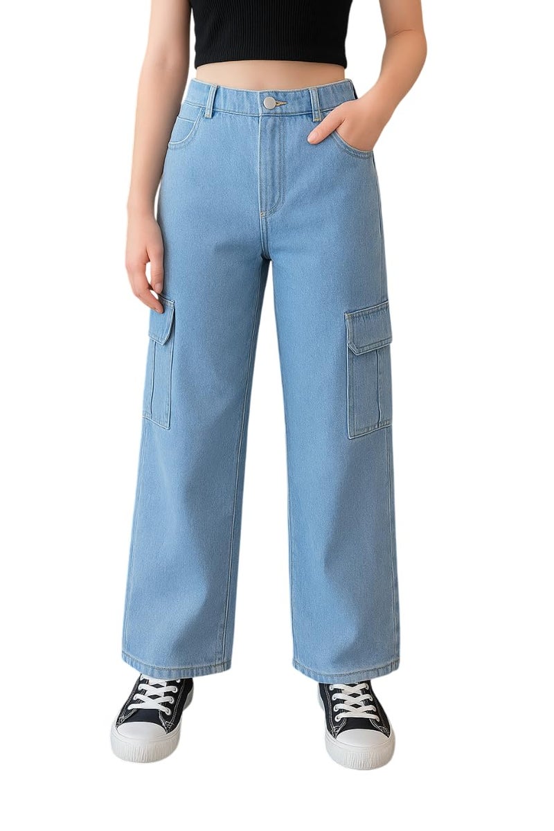 ADBUCKS Stretchable High Rise Cargo Style Wide Leg Jeans for Girls II Girls Jeans (in, Age, 9 Years, 10 Years, Light Blue) - Image 1