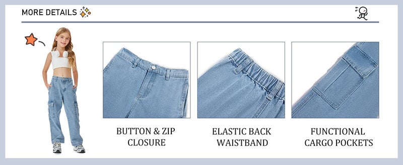 ADBUCKS Stretchable High Rise Cargo Style Wide Leg Jeans for Girls II Girls Jeans (in, Age, 9 Years, 10 Years, Light Blue) - Image 5
