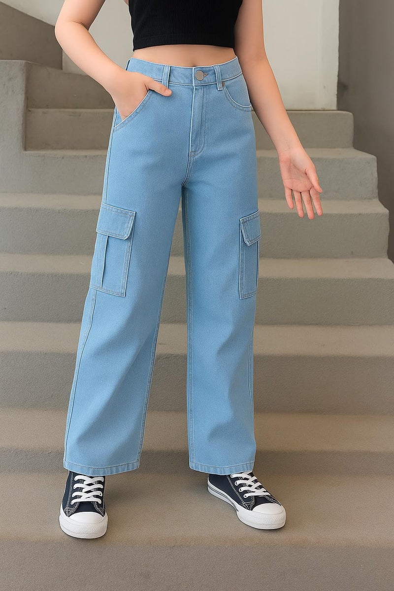 ADBUCKS Stretchable High Rise Cargo Style Wide Leg Jeans for Girls II Girls Jeans (in, Age, 9 Years, 10 Years, Light Blue) - Image 2