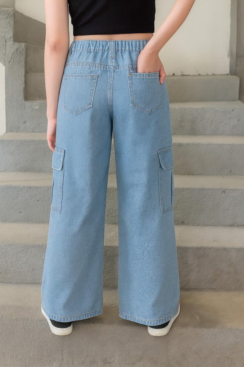 ADBUCKS Stretchable High Rise Cargo Style Wide Leg Jeans for Girls II Girls Jeans (in, Age, 9 Years, 10 Years, Light Blue) - Image 4
