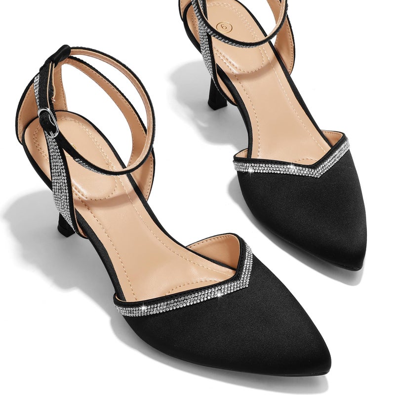 mysoft Women's Pumps Shoes Pointed Toe Kitten Low Heels Stiletto Ankle Strap Closed Toe Wedding Party Dress Sandals Black Satin - Image 5
