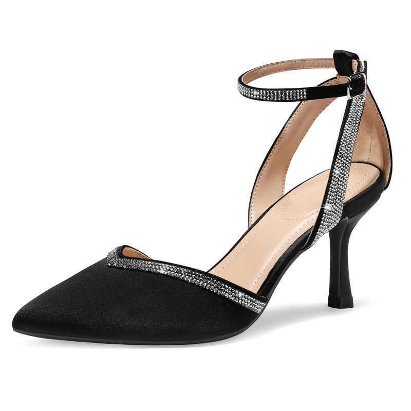 mysoft Women's Pumps Shoes Pointed Toe Kitten Low Heels Stiletto Ankle Strap Closed Toe Wedding Party Dress Sandals Black Satin - Image 1