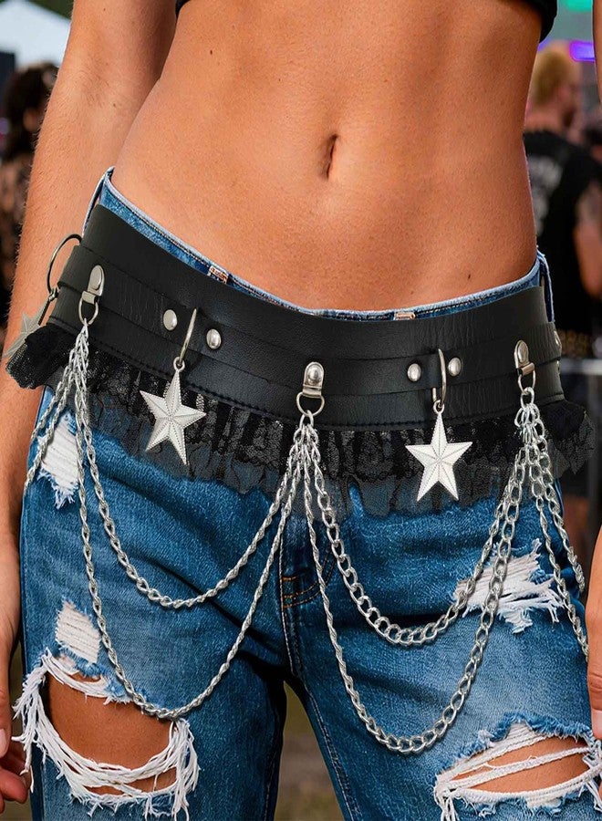 ELABEST Leather Waist Chain Leather Star Lace Chain Belt Black Night Club Belly Belts for Women - Image 4