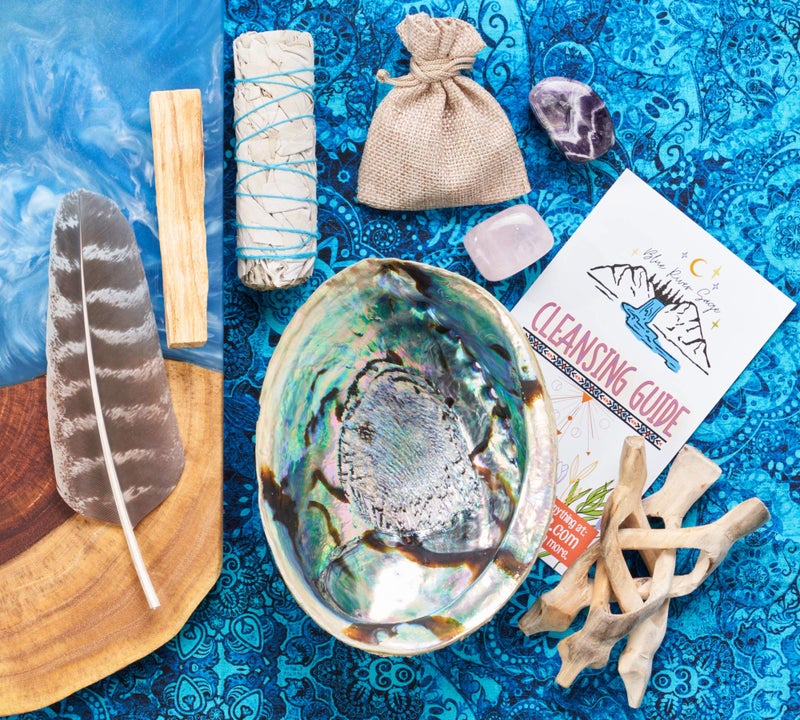 BLUE RIVER SAGE Home Cleansing & Smudging Kit with White Sage, Palo Santo, Abalone & Stand, Smudge Feather & Guide (Regular) - Image 4