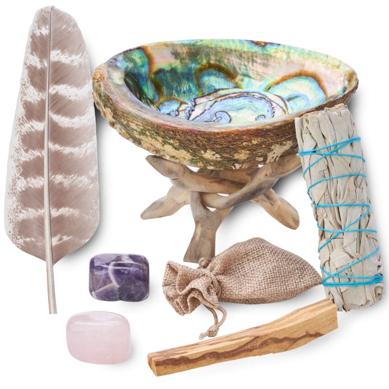 BLUE RIVER SAGE Home Cleansing & Smudging Kit with White Sage, Palo Santo, Abalone & Stand, Smudge Feather & Guide (Regular) - Image 1
