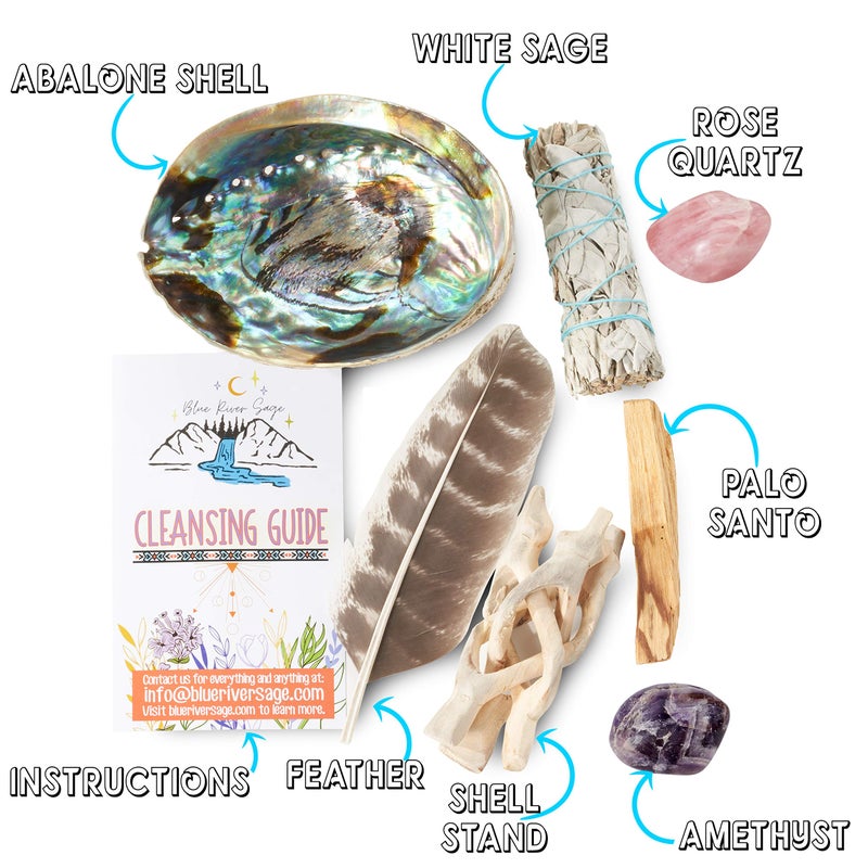 BLUE RIVER SAGE Home Cleansing & Smudging Kit with White Sage, Palo Santo, Abalone & Stand, Smudge Feather & Guide (Regular) - Image 2