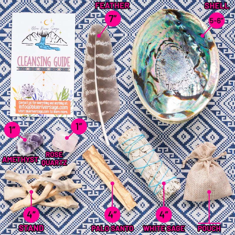 BLUE RIVER SAGE Home Cleansing & Smudging Kit with White Sage, Palo Santo, Abalone & Stand, Smudge Feather & Guide (Regular) - Image 3
