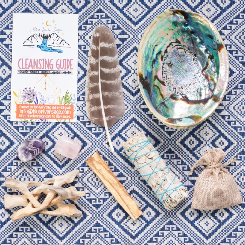 BLUE RIVER SAGE Home Cleansing & Smudging Kit with White Sage, Palo Santo, Abalone & Stand, Smudge Feather & Guide (Regular) - Image 5