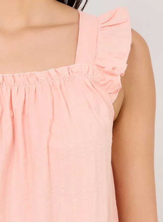 Styli Cotton Textured Stripe Ruffle Strap Nightdress