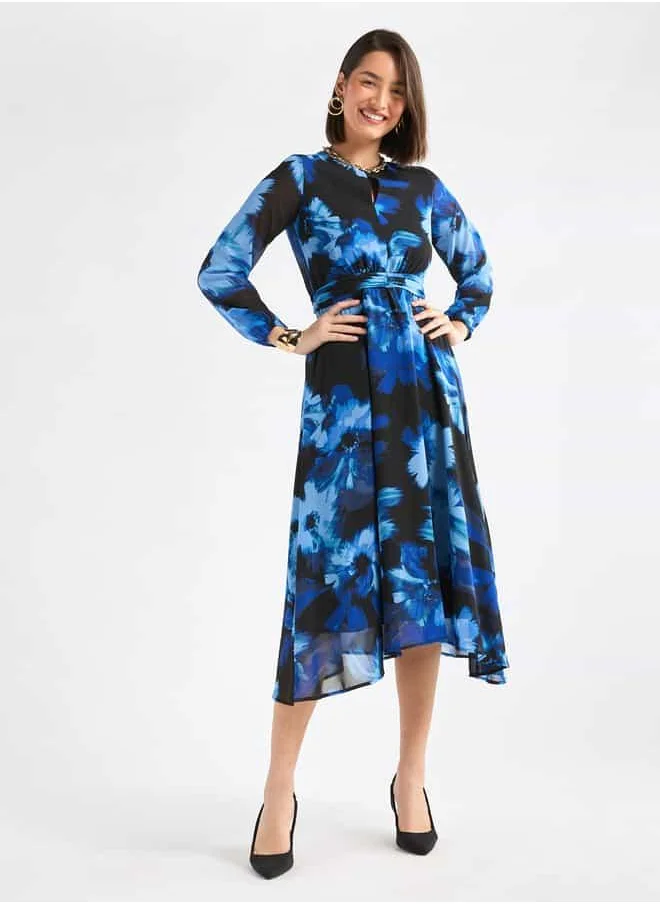 FAV Floral Print Midi Dress with Long Sleeves