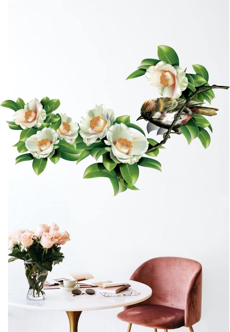 Dreamkraft Beautiful White Flower with Birds Wall Sticker for Home Decor, Drawing Room (Multicolor, PVC Vinyl 79 x 48cm) - Image 4