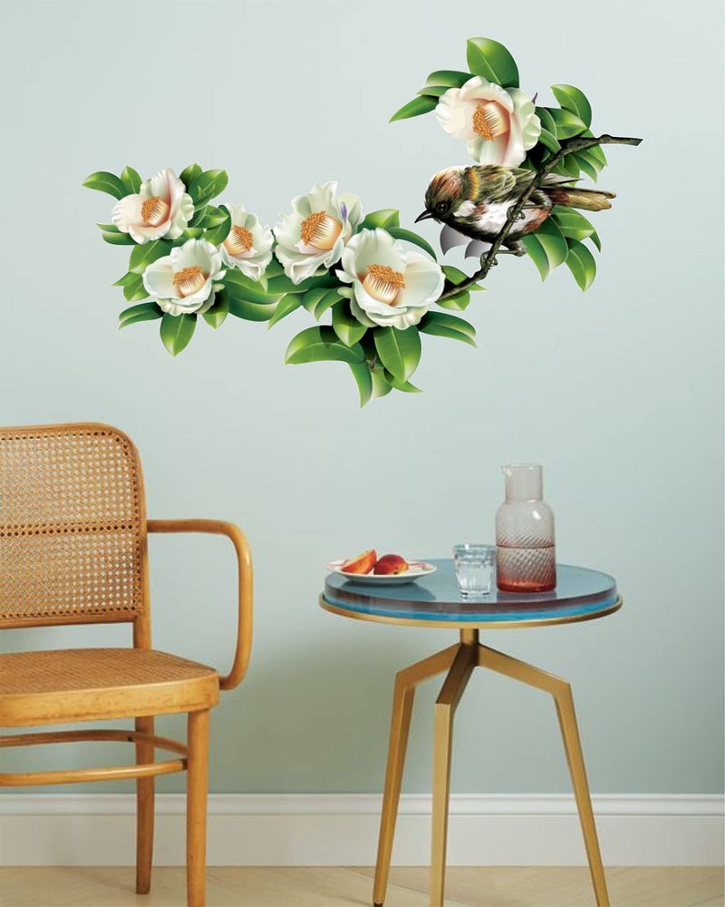 Dreamkraft Beautiful White Flower with Birds Wall Sticker for Home Decor, Drawing Room (Multicolor, PVC Vinyl 79 x 48cm) - Image 2