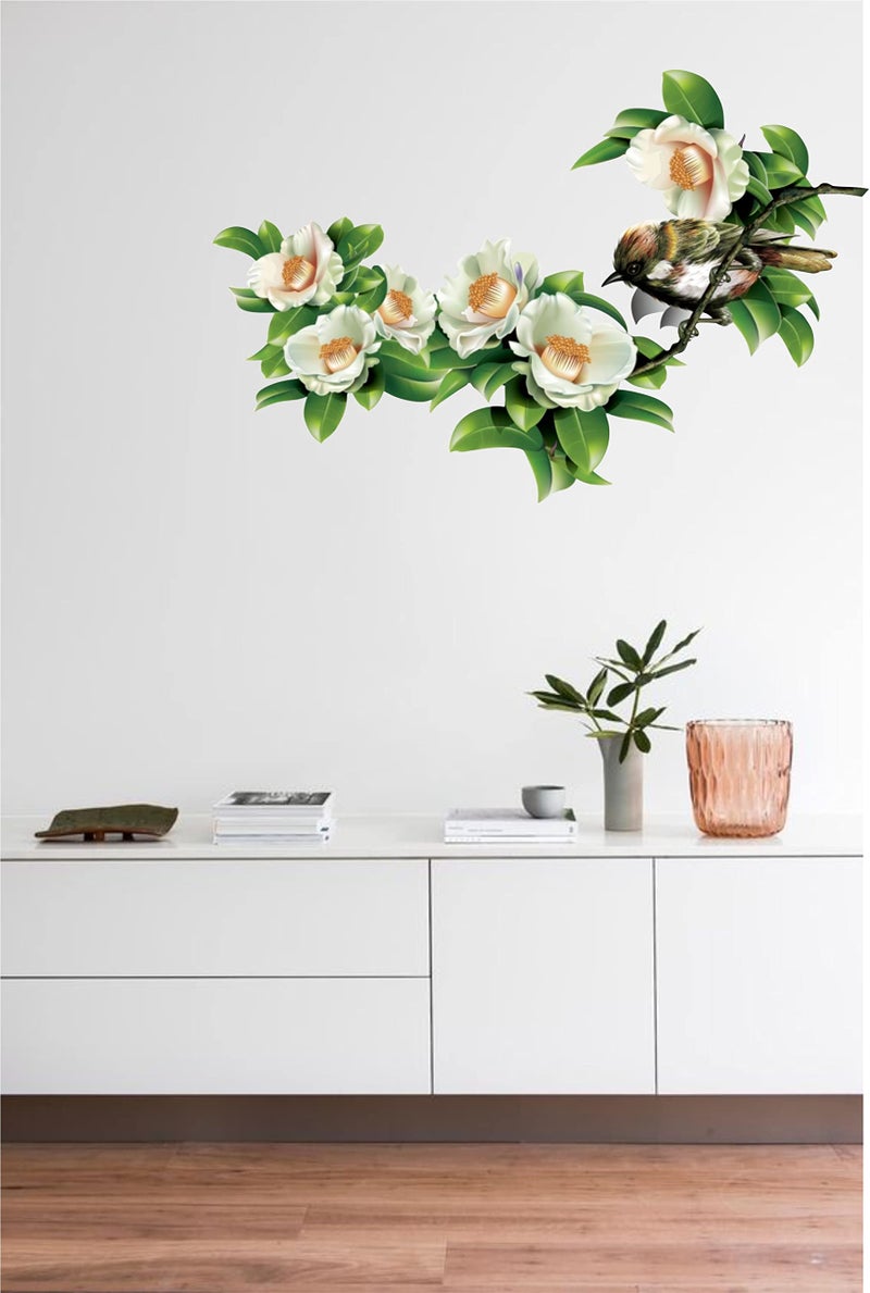 Dreamkraft Beautiful White Flower with Birds Wall Sticker for Home Decor, Drawing Room (Multicolor, PVC Vinyl 79 x 48cm) - Image 5