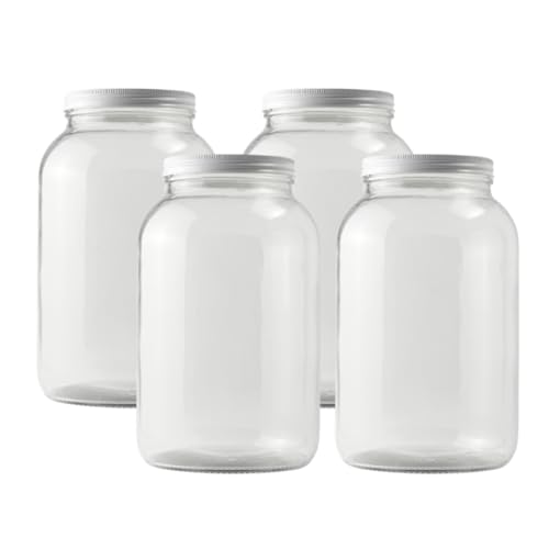 FastRack One Gallon Wide Mouth Jar with White METAL Airtight Lid Pack of 4 Glass Canisters with Airtight Lids Large Mouth Glass Jar with Fermentation Lid for brewing fermentation and pickling - Image 1