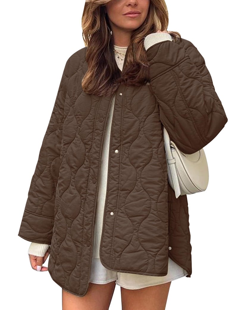 Flygo Women's Oversized Quilted Lightweight Jacket Button Down Puffer Padded Outerwear with Pocket(Coffee-XL) - Image 1