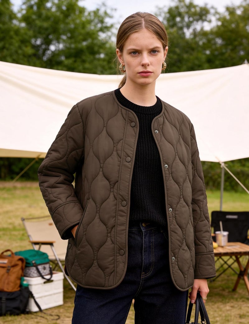 Flygo Women's Oversized Quilted Lightweight Jacket Button Down Puffer Padded Outerwear with Pocket(Coffee-XL) - Image 2