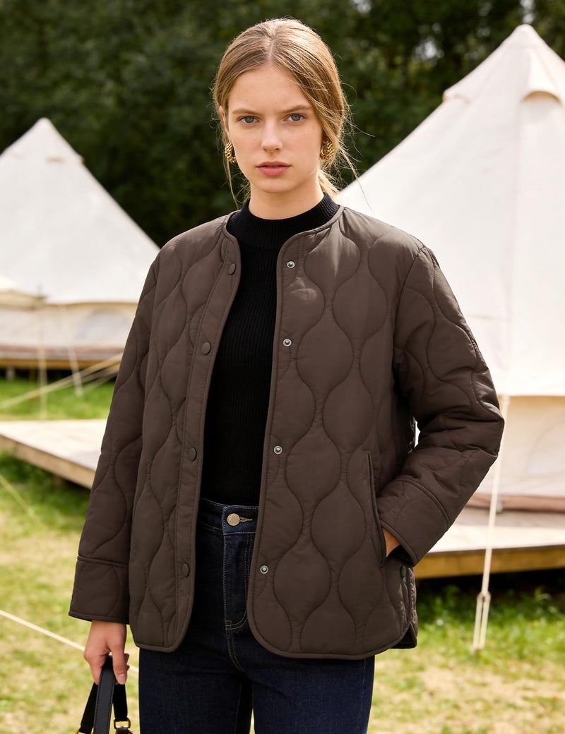 Flygo Women's Oversized Quilted Lightweight Jacket Button Down Puffer Padded Outerwear with Pocket(Coffee-XL) - Image 3
